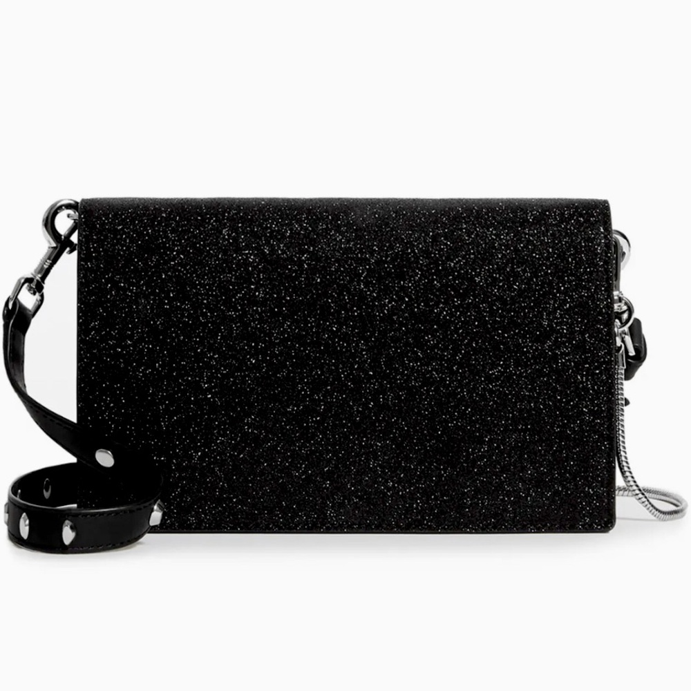 All Saints Black Glitter Wallet Clutch with Double Strap